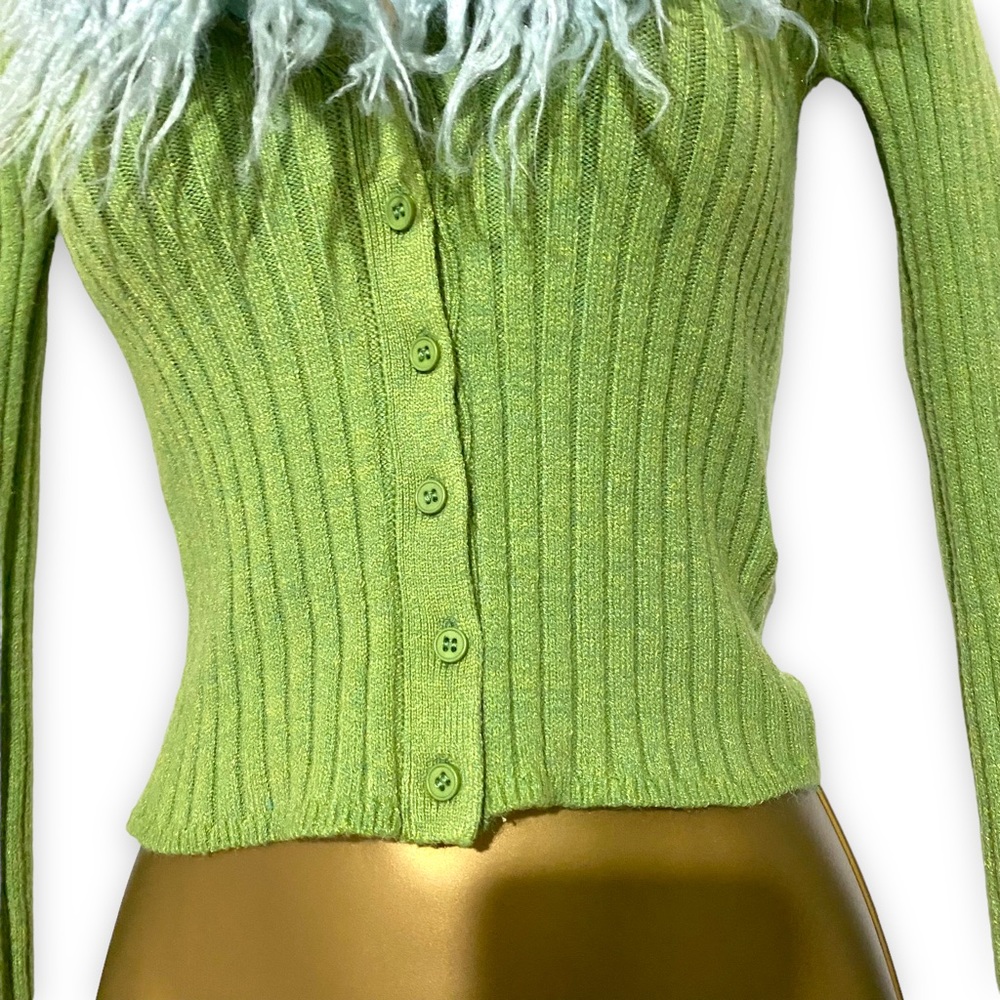 Urban Outfitters Cardigan Y2K Faux Fur Collar Cuffs Slim Fit Green XS Ribbed 90s - Picture 4 of 10